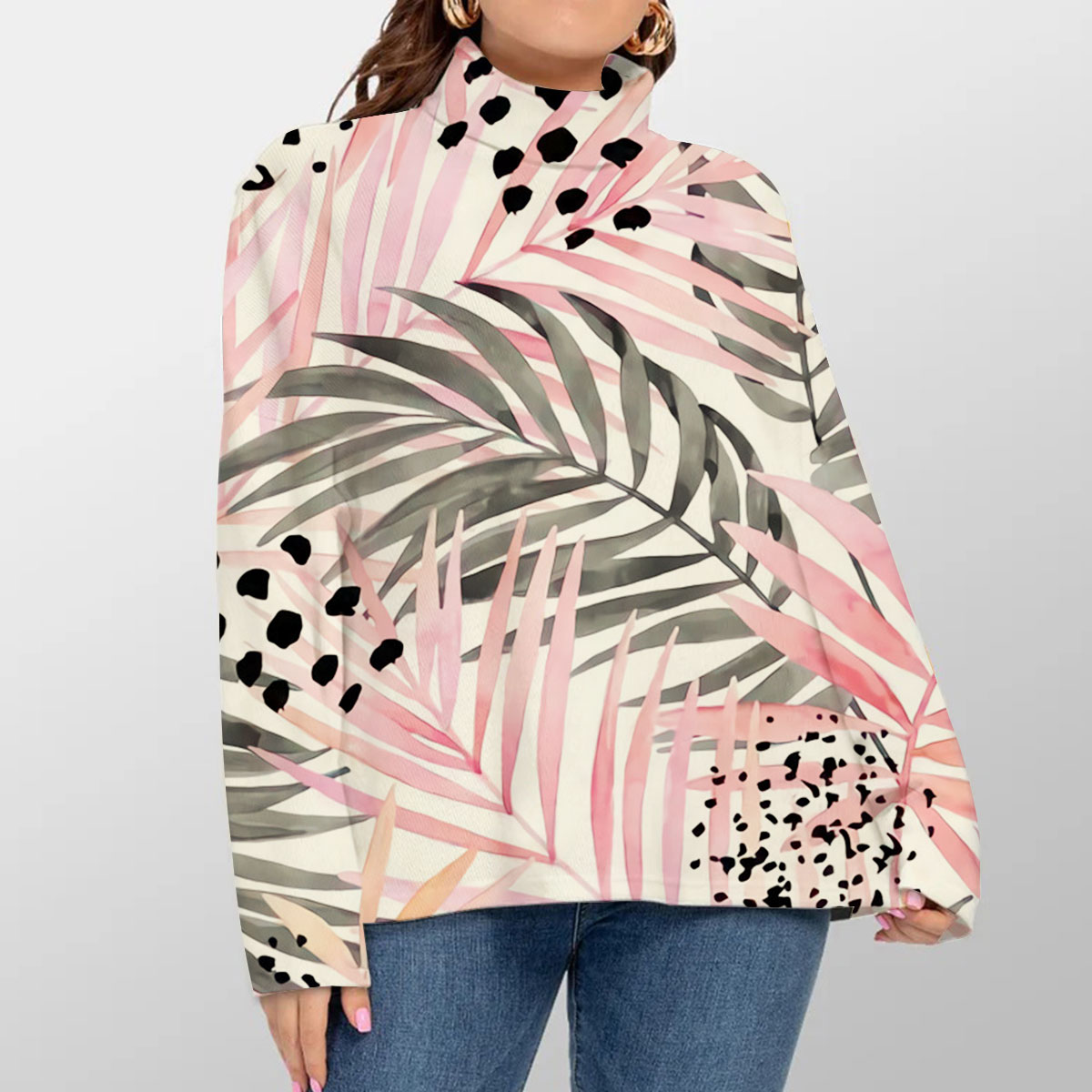 Watercolour Pink Colored and Graphic Palm Leaf Turtleneck Sweater