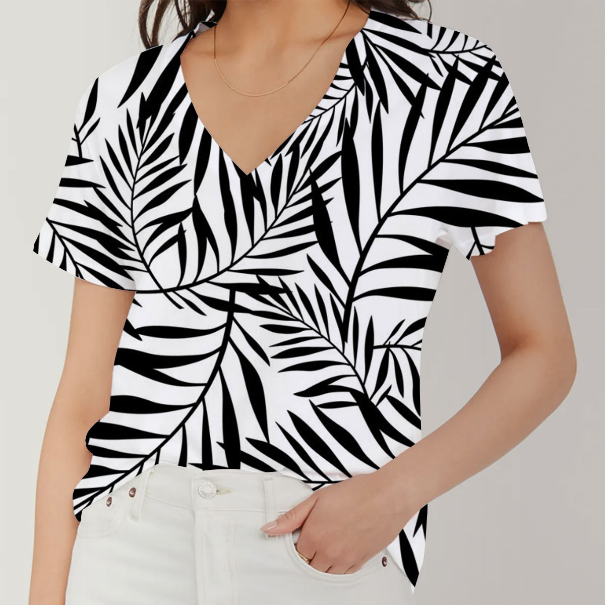 Black And White With Palm Leaves V-Neck Women's T-Shirt