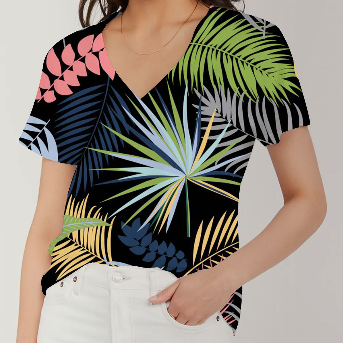Colorful Palm Leaves V-Neck Women's T-Shirt