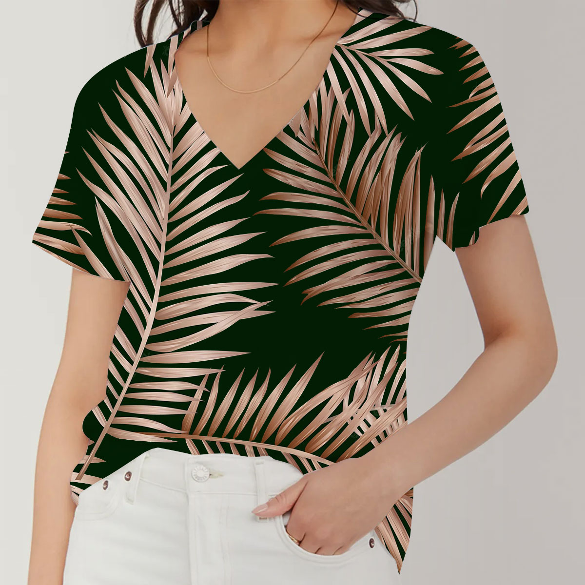 Gold Tropical Palm Leaves V-Neck Women's T-Shirt