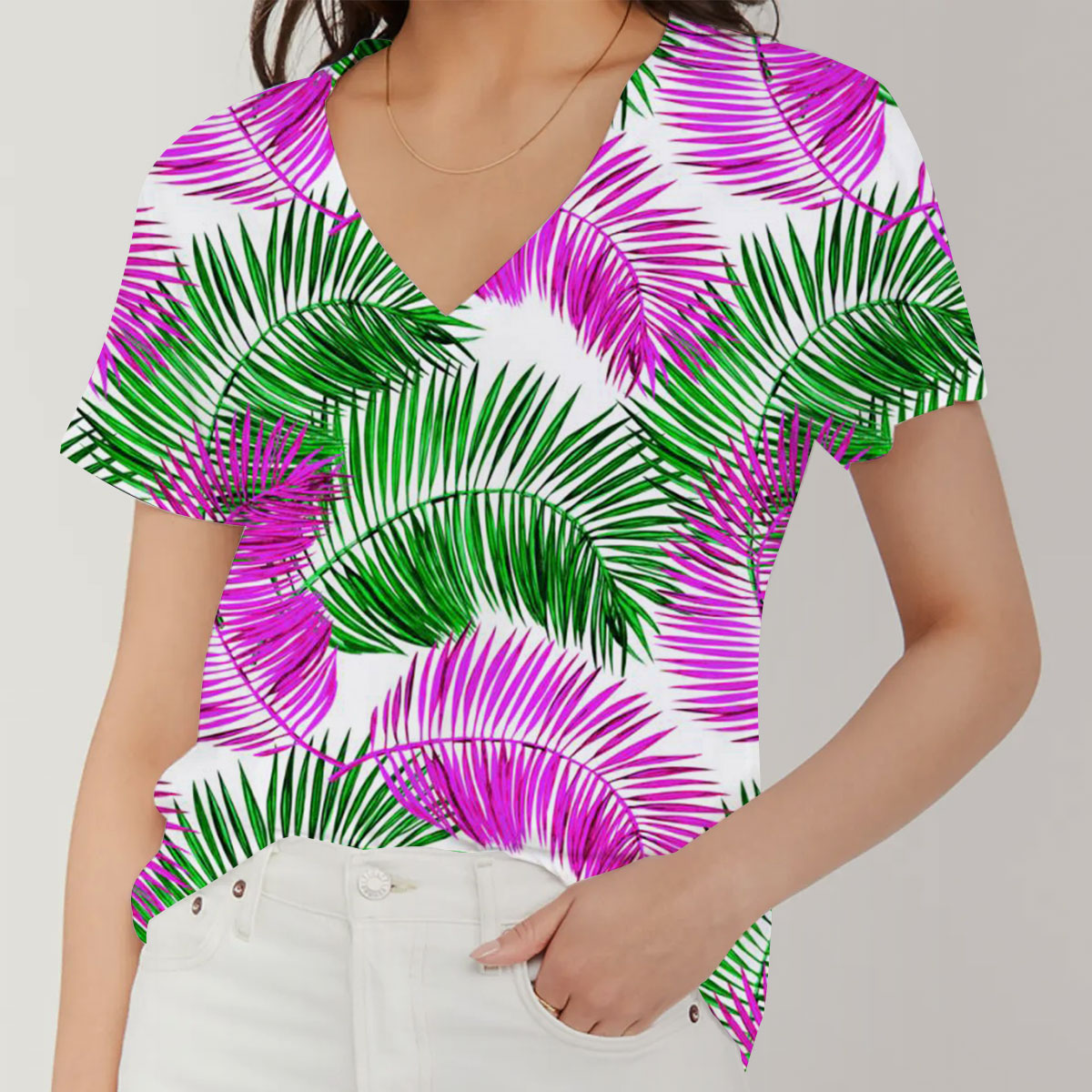 Green And Pink Palm Leaves V-Neck Women's T-Shirt
