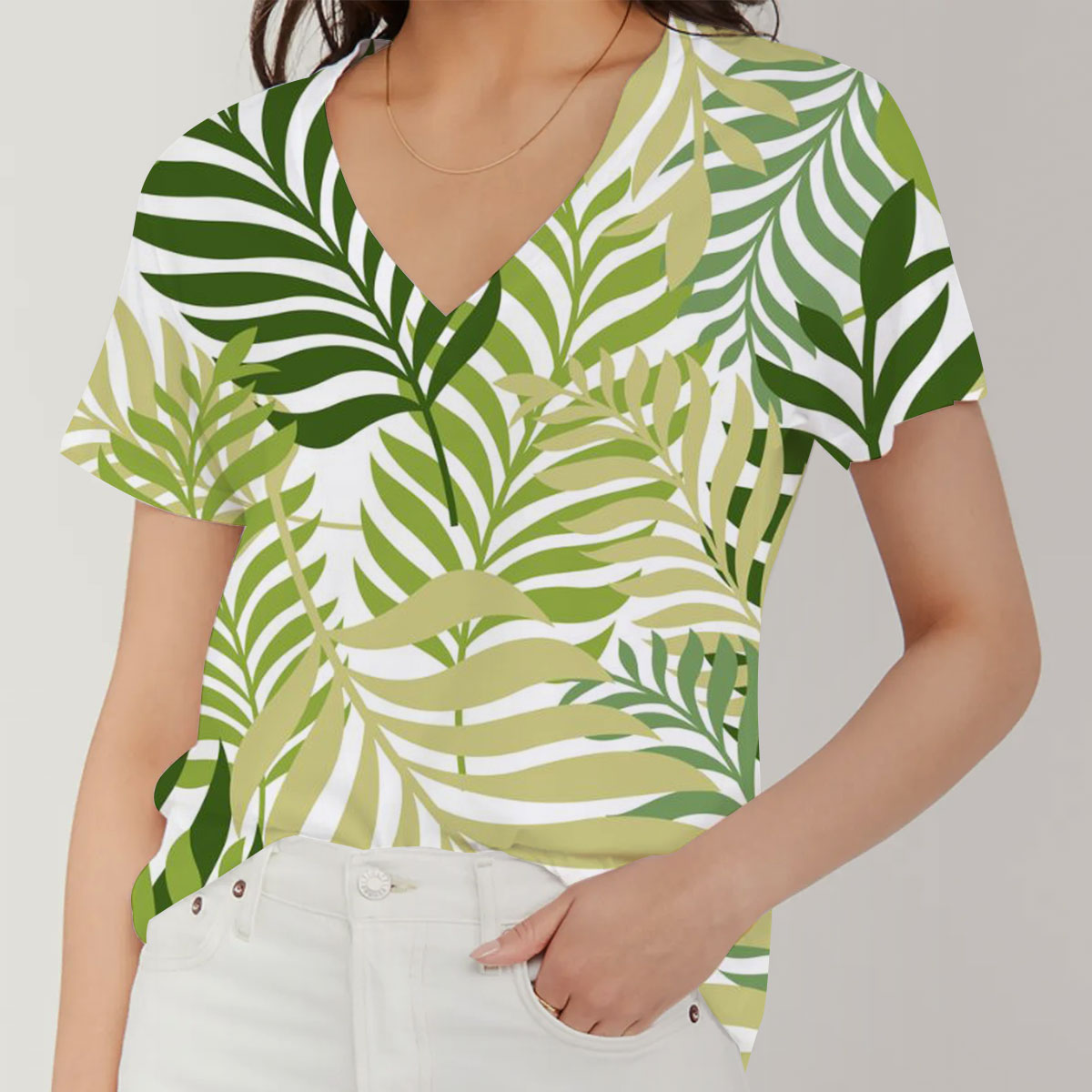 Green Palm Tree Leaves V-Neck Women's T-Shirt
