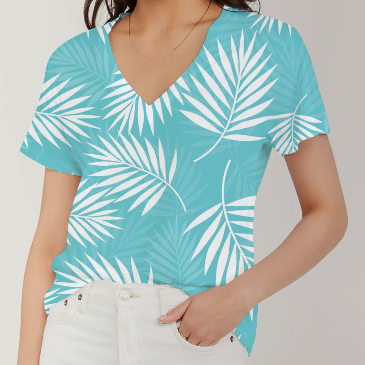 Light Blue Palm Leaves V-Neck Women's T-Shirt