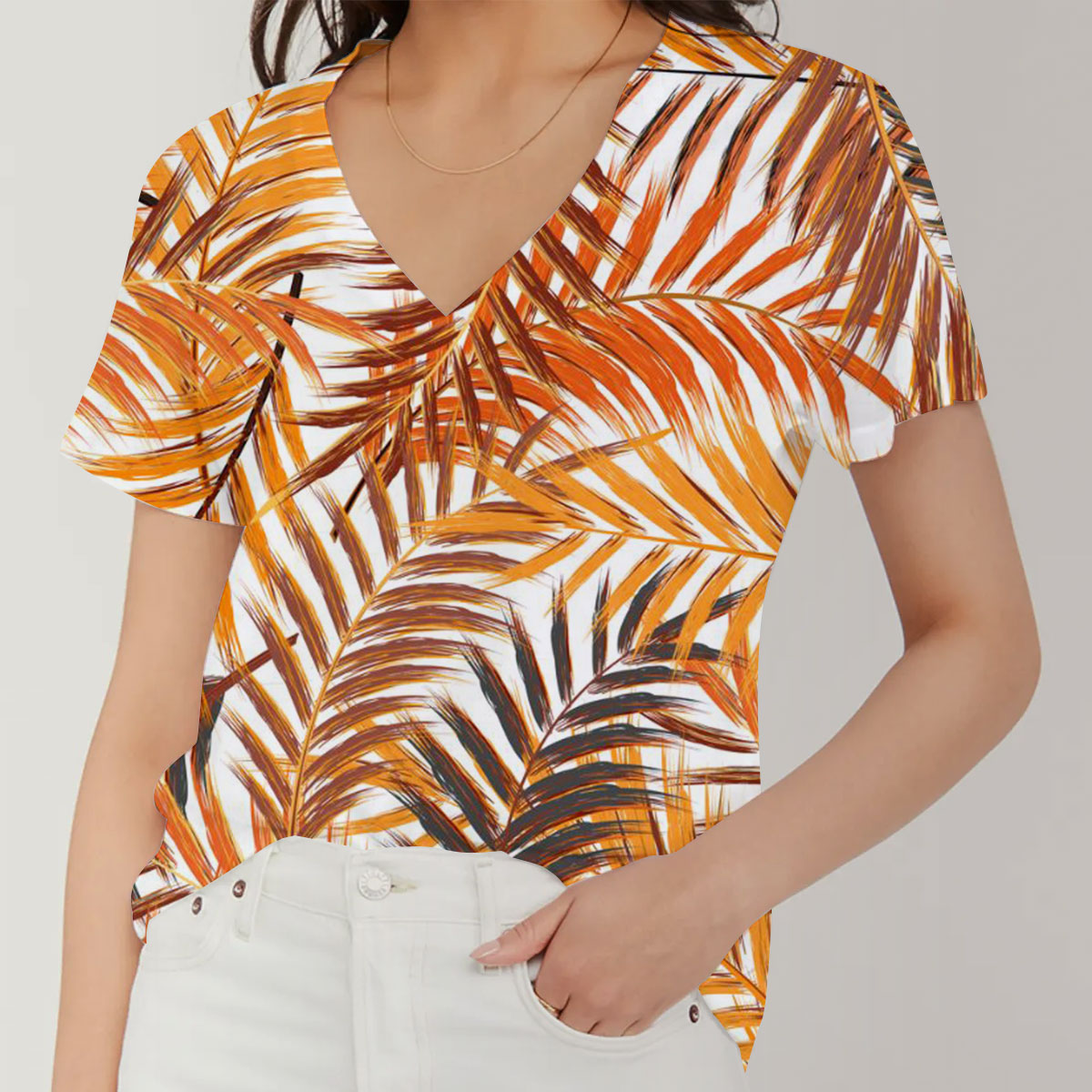 Palm Leaf In Orange Brown On White V-Neck Women's T-Shirt