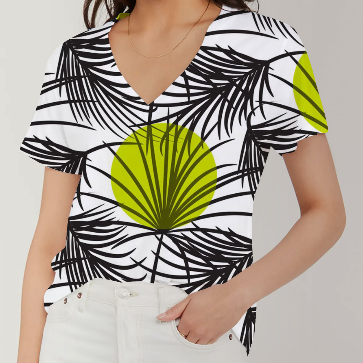 Palm Leaves Bright Green On White V-Neck Women's T-Shirt
