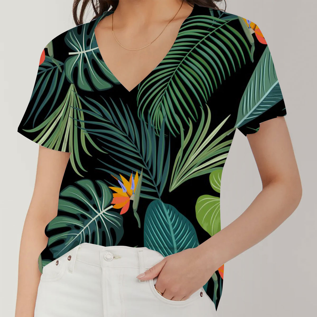 Tropical Jungle Palm Leaves V-Neck Women's T-Shirt