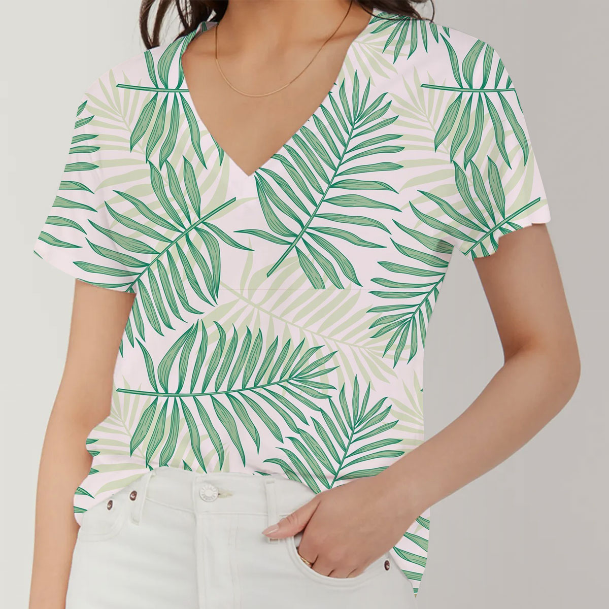Tropical Palm Leaves V-Neck Women's T-Shirt