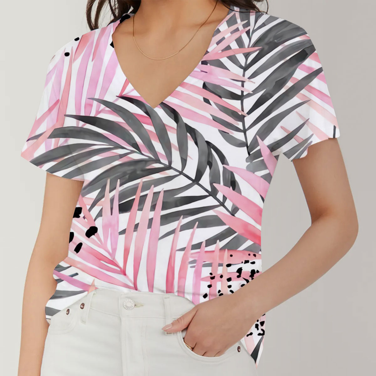 Watercolour Pink Colored and Graphic Palm Leaf V-Neck Women's T-Shirt