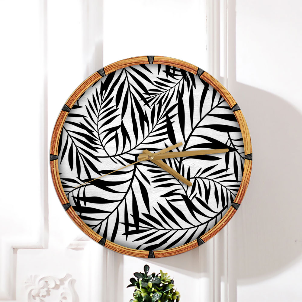 Black And White With Palm Leaves Wall Clock