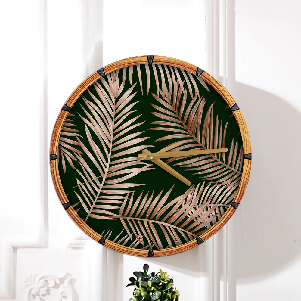 Gold Tropical Palm Leaves Wall Clock