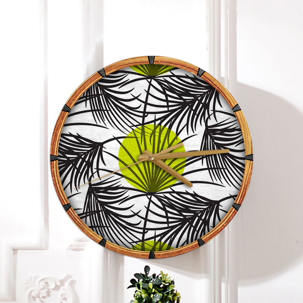 Palm Leaves Bright Green On White Wall Clock