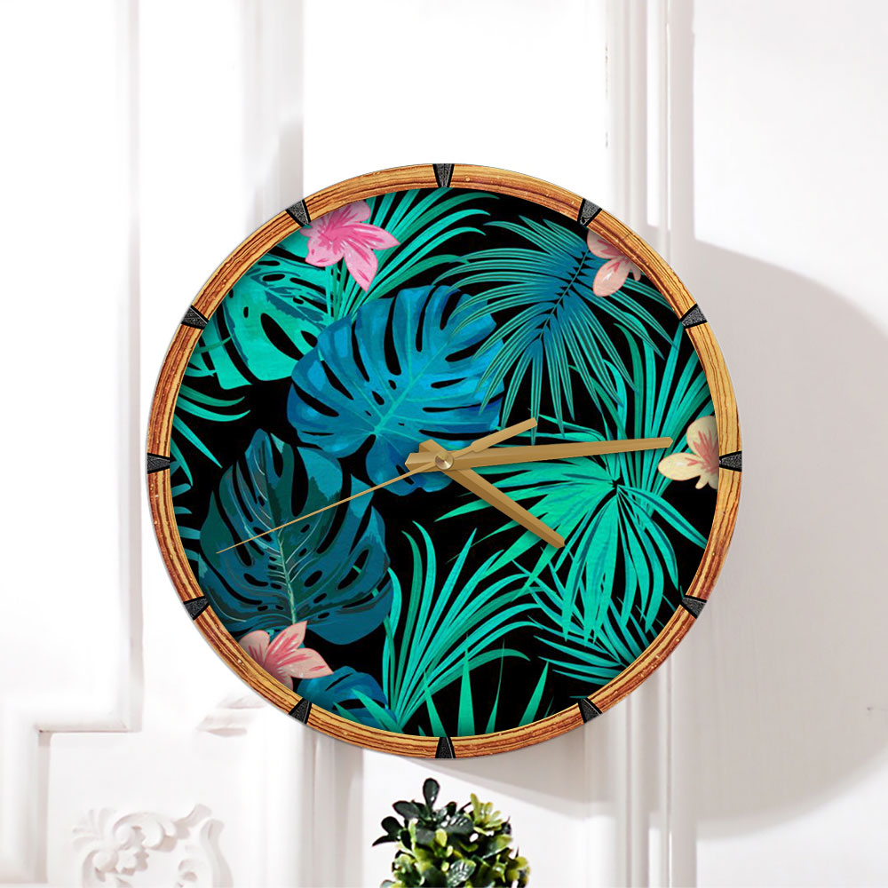 Tropical Jungle Palm Leaves Flowers Wall Clock