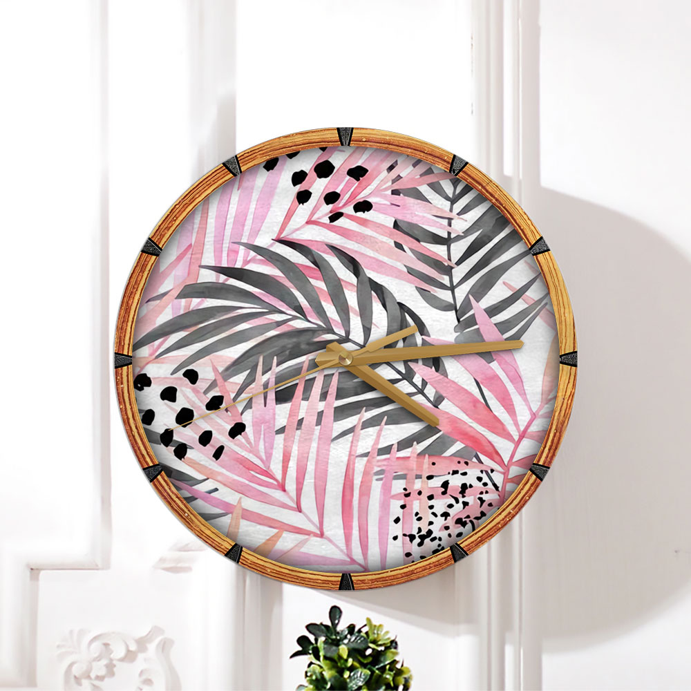 Watercolour Pink Colored and Graphic Palm Leaf Wall Clock