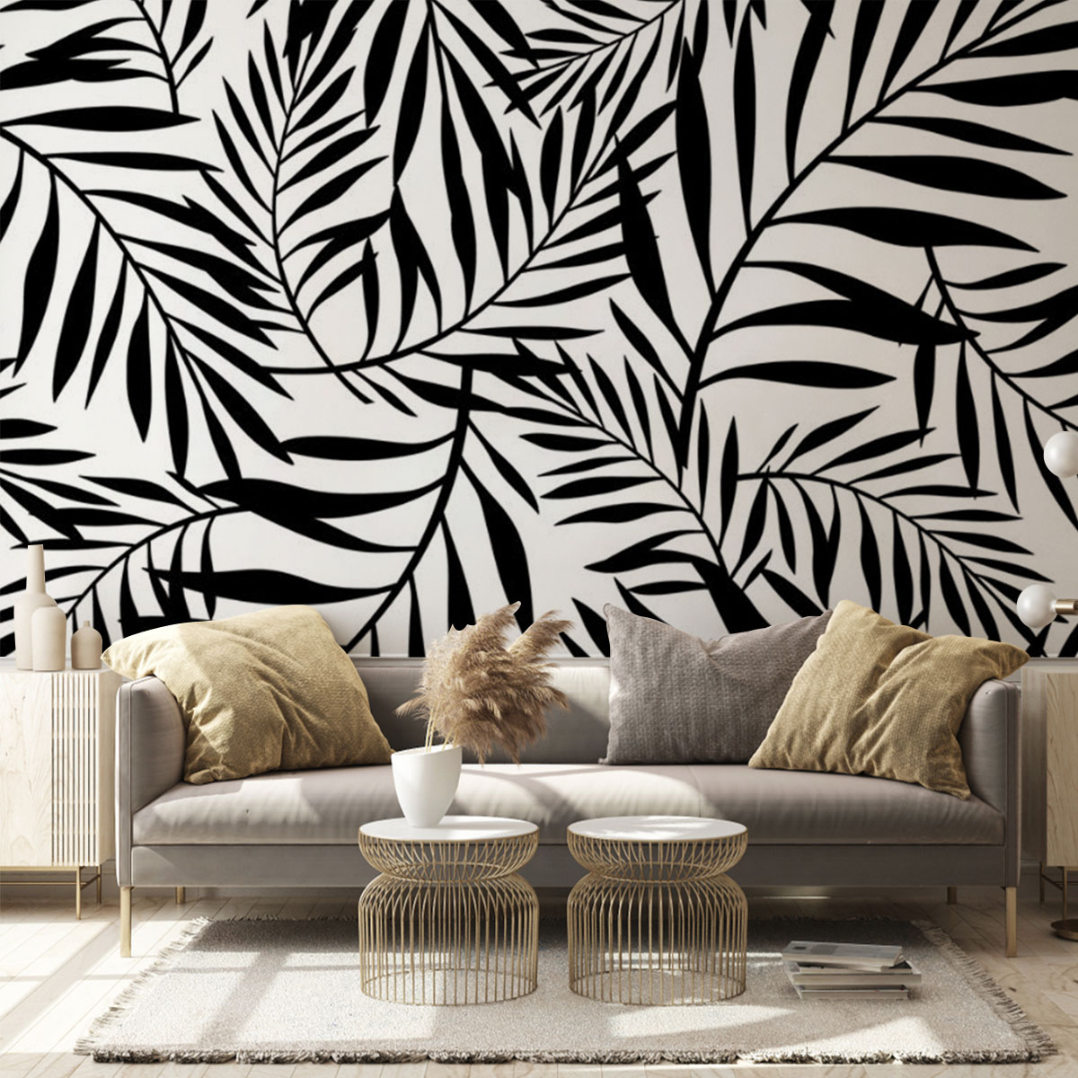 Black And White With Palm Leaves Wall Mural