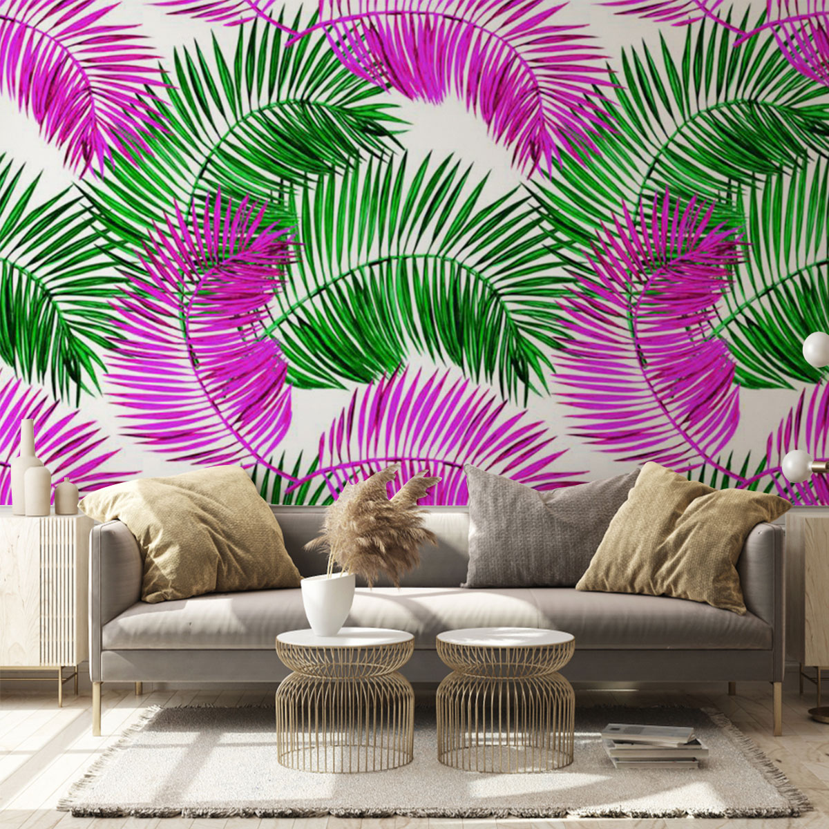 Green And Pink Palm Leaves Wall Mural