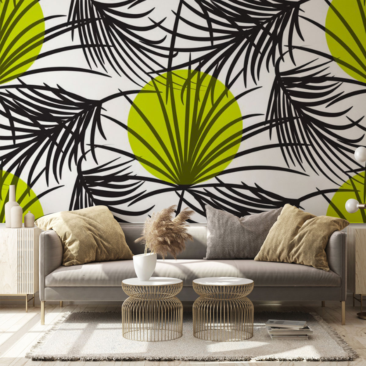 Palm Leaves Bright Green On White Wall Mural