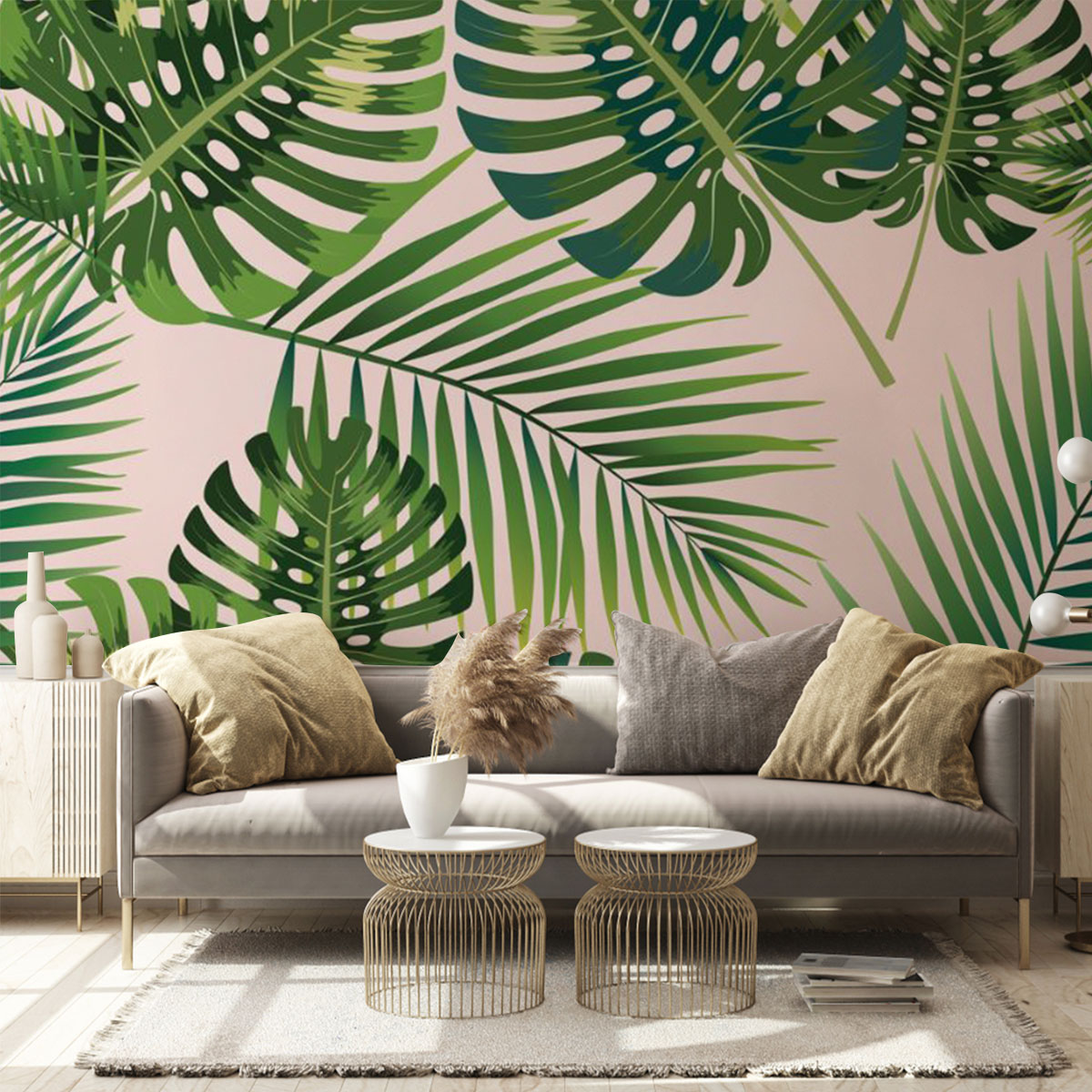 Pink Palm Leaves Wall Mural