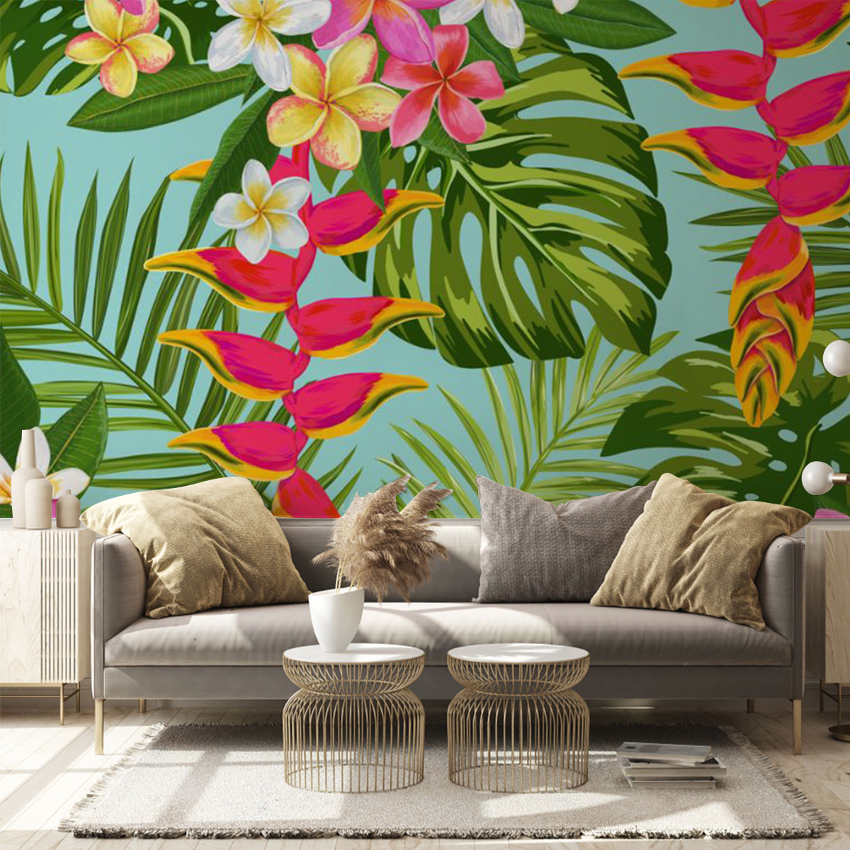 Tropical Flowers and Palm Leaves Wall Mural