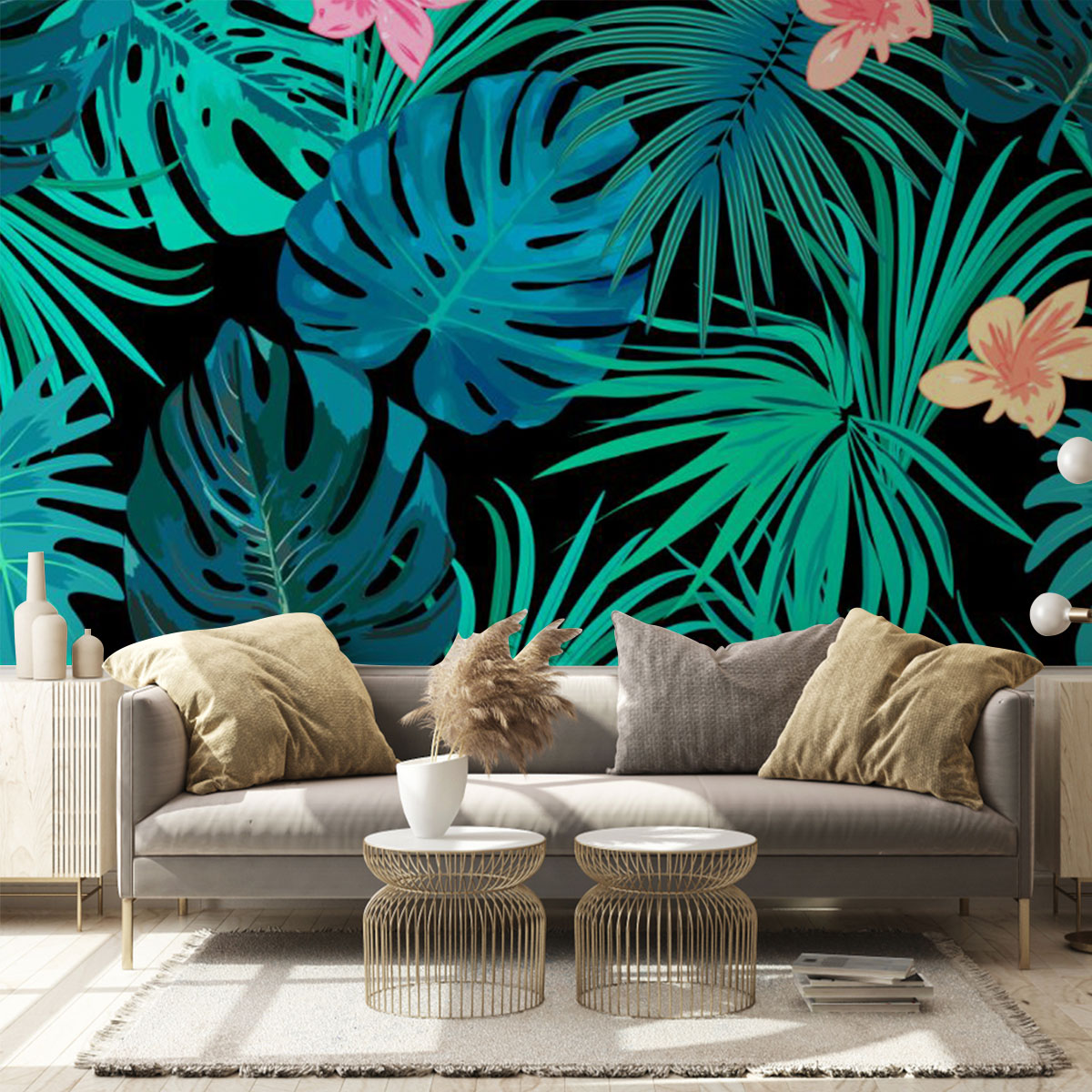Tropical Jungle Palm Leaves Flowers Wall Mural