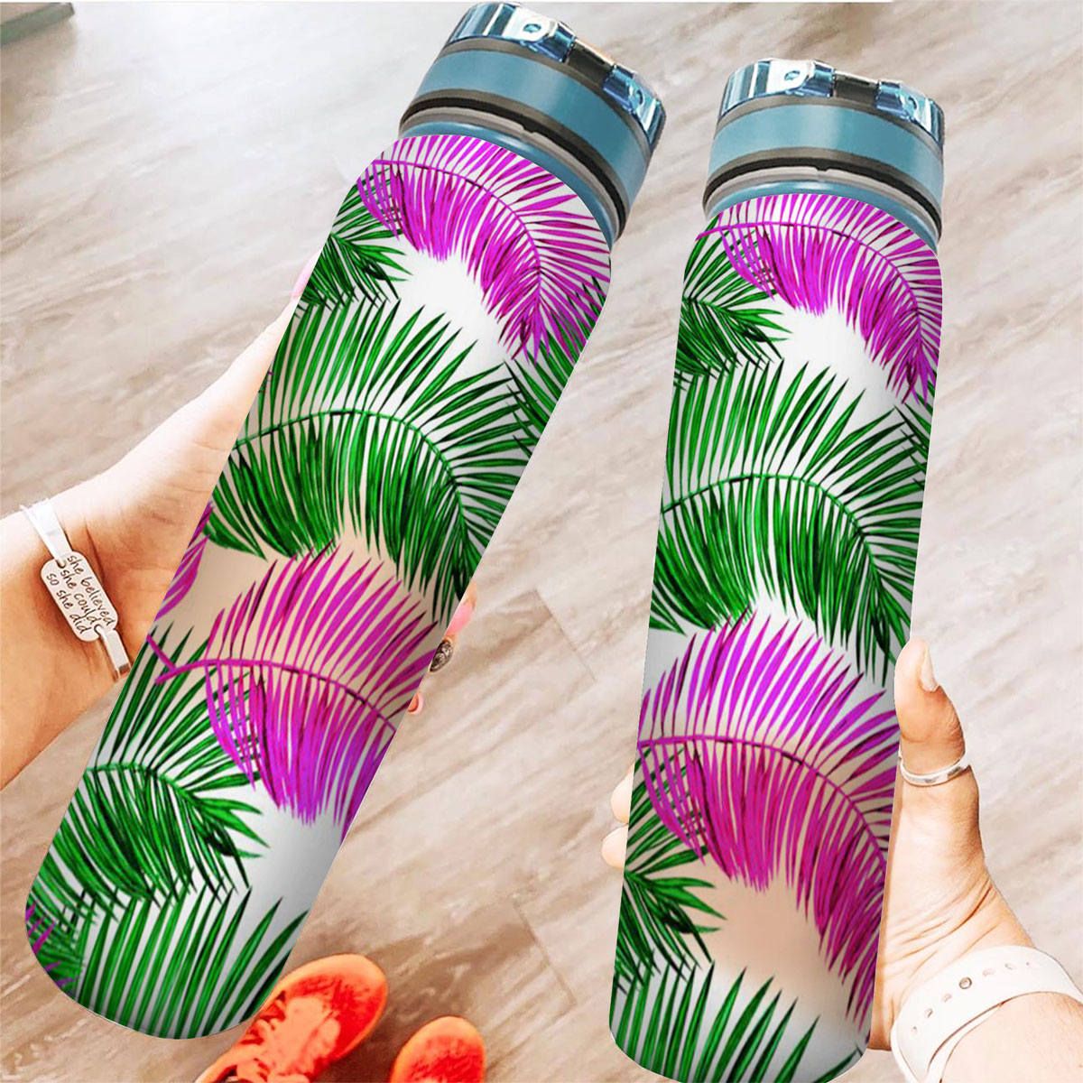 Green And Pink Palm Leaves Tracker Bottle