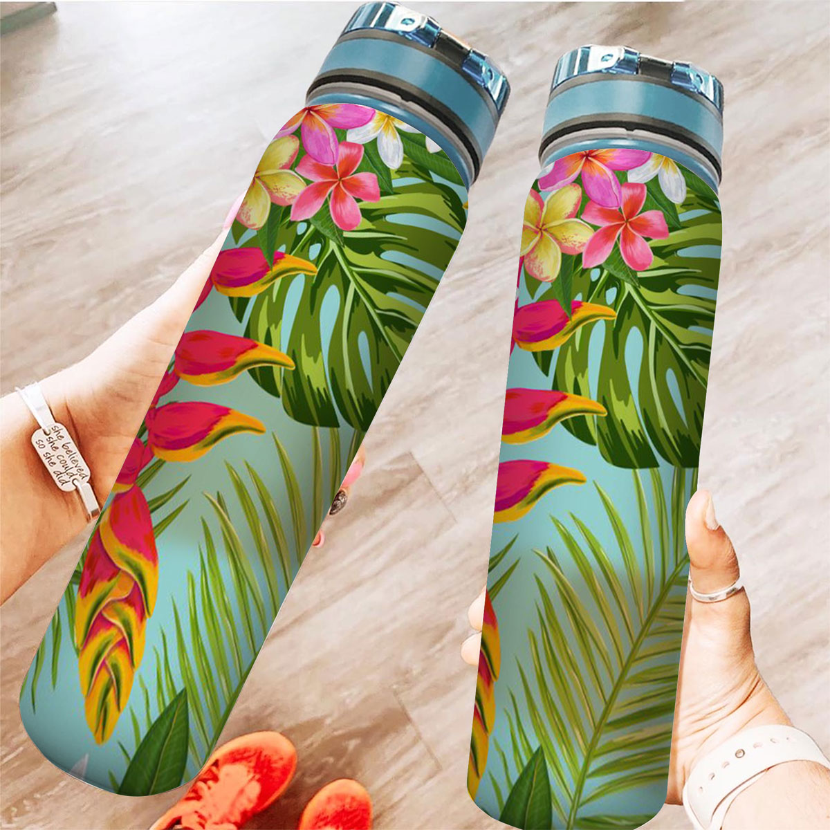 Tropical Flowers and Palm Leaves Tracker Bottle