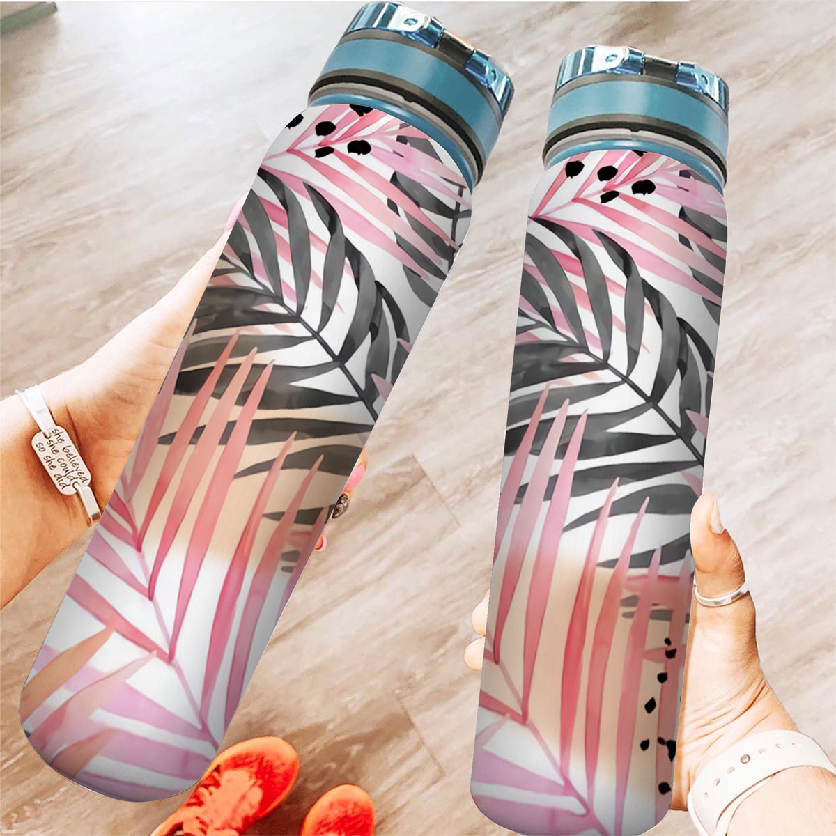 Watercolour Pink Colored and Graphic Palm Leaf Tracker Bottle