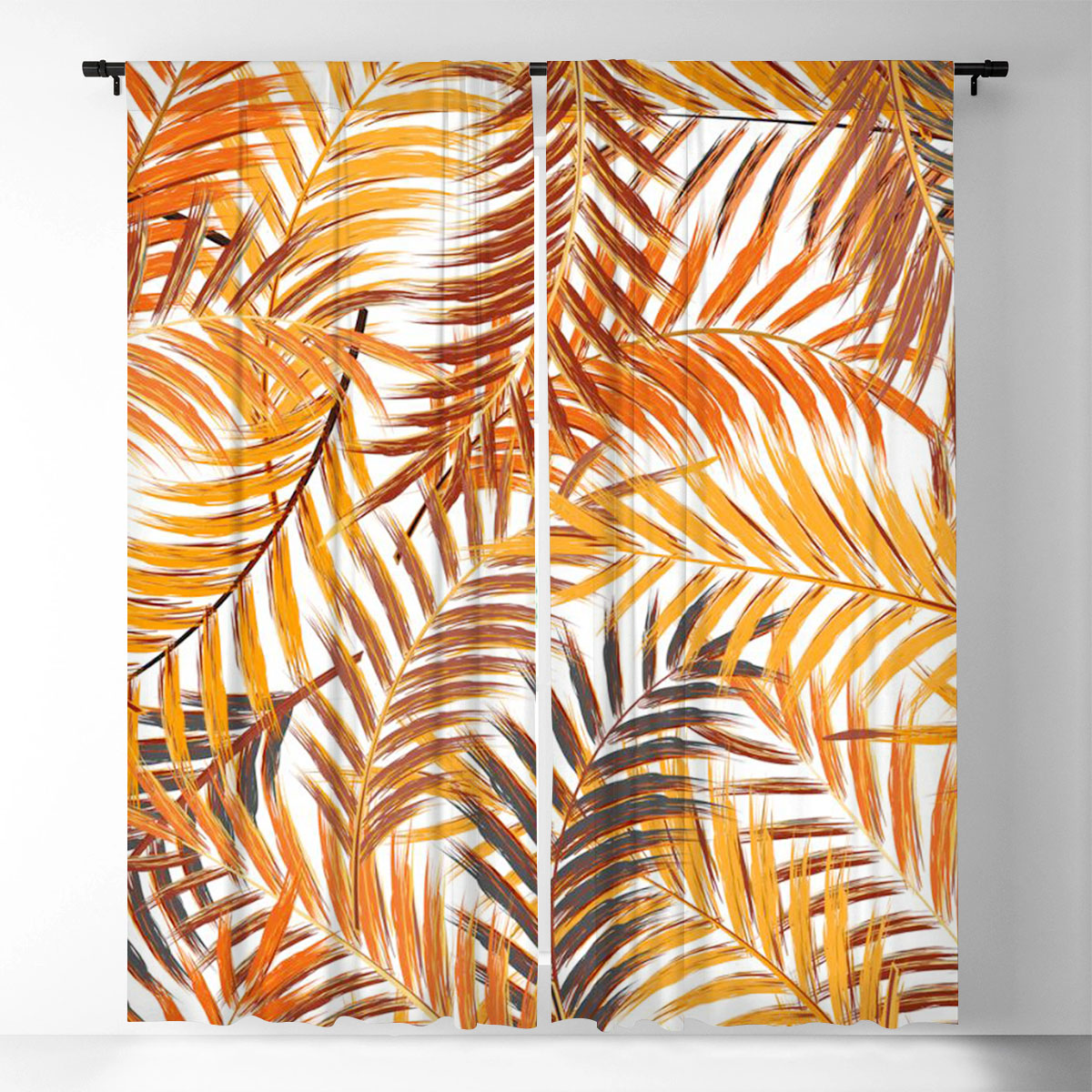 Palm Leaf In Orange Brown On White Window Curtain