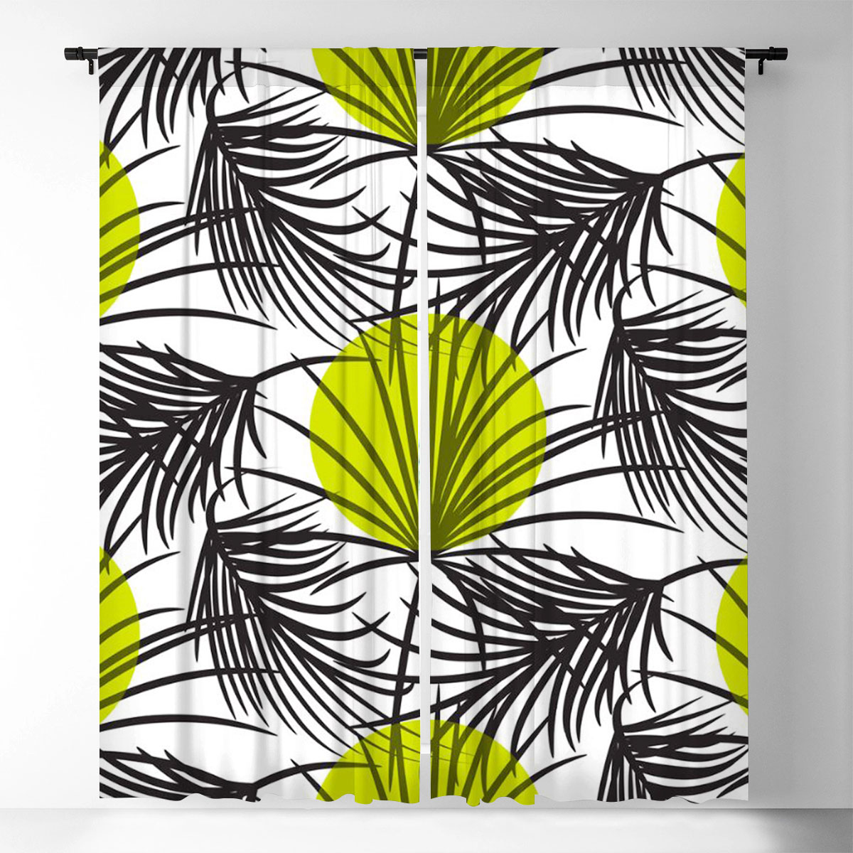 Palm Leaves Bright Green On White Window Curtain