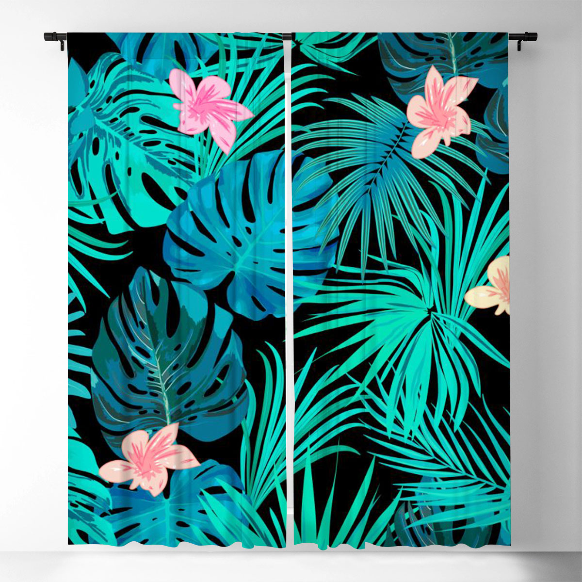 Tropical Jungle Palm Leaves Flowers Window Curtain
