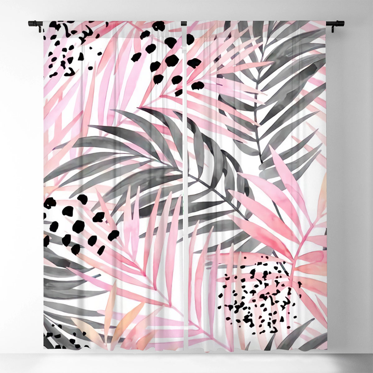 Watercolour Pink Colored and Graphic Palm Leaf Window Curtain