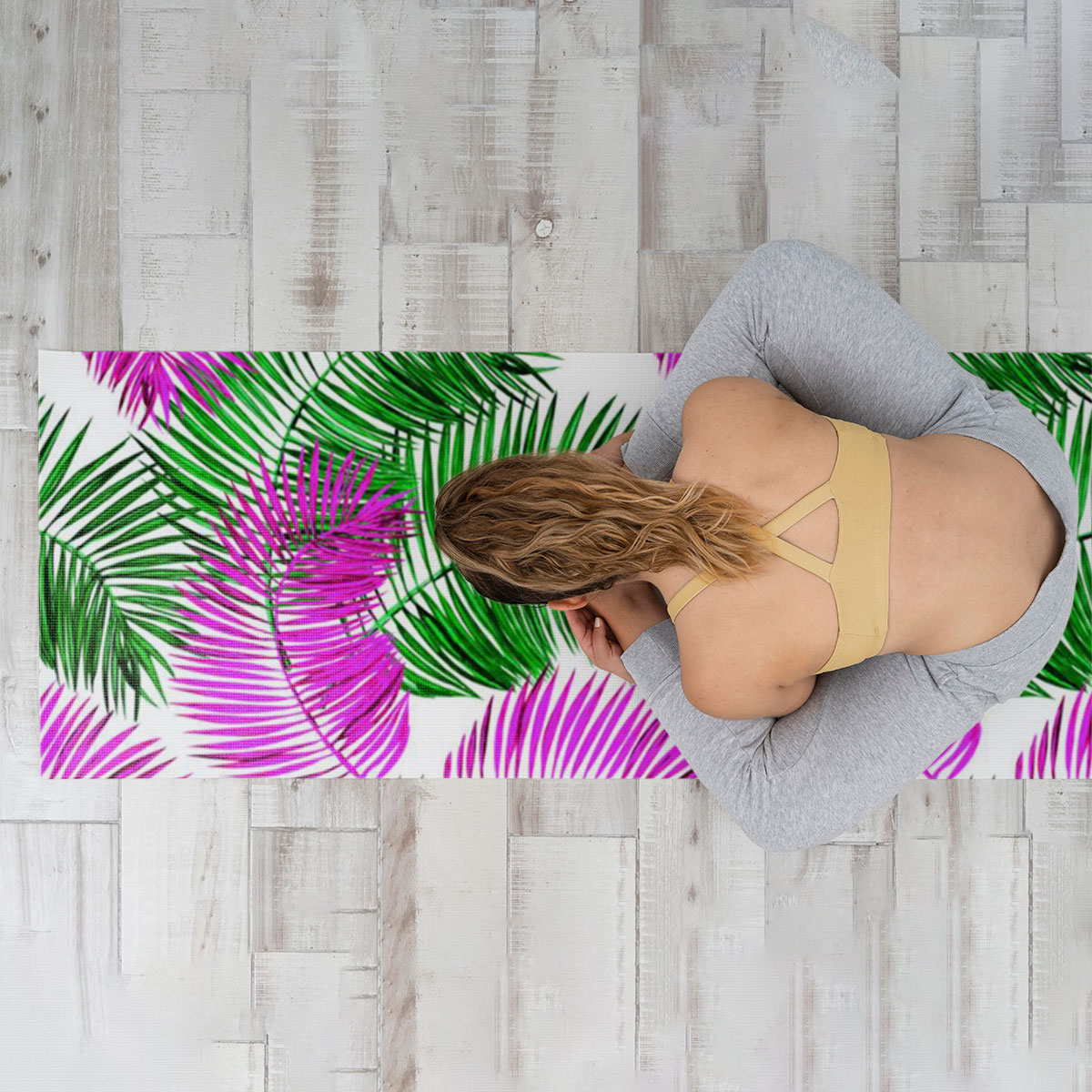 Green And Pink Palm Leaves Yoga Mat