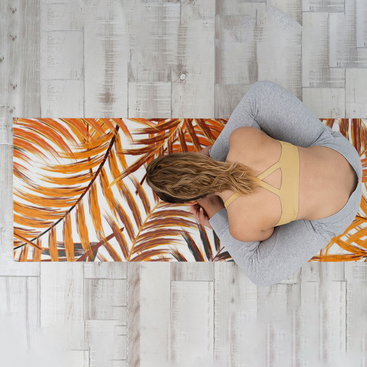 Palm Leaf In Orange Brown On White Yoga Mat