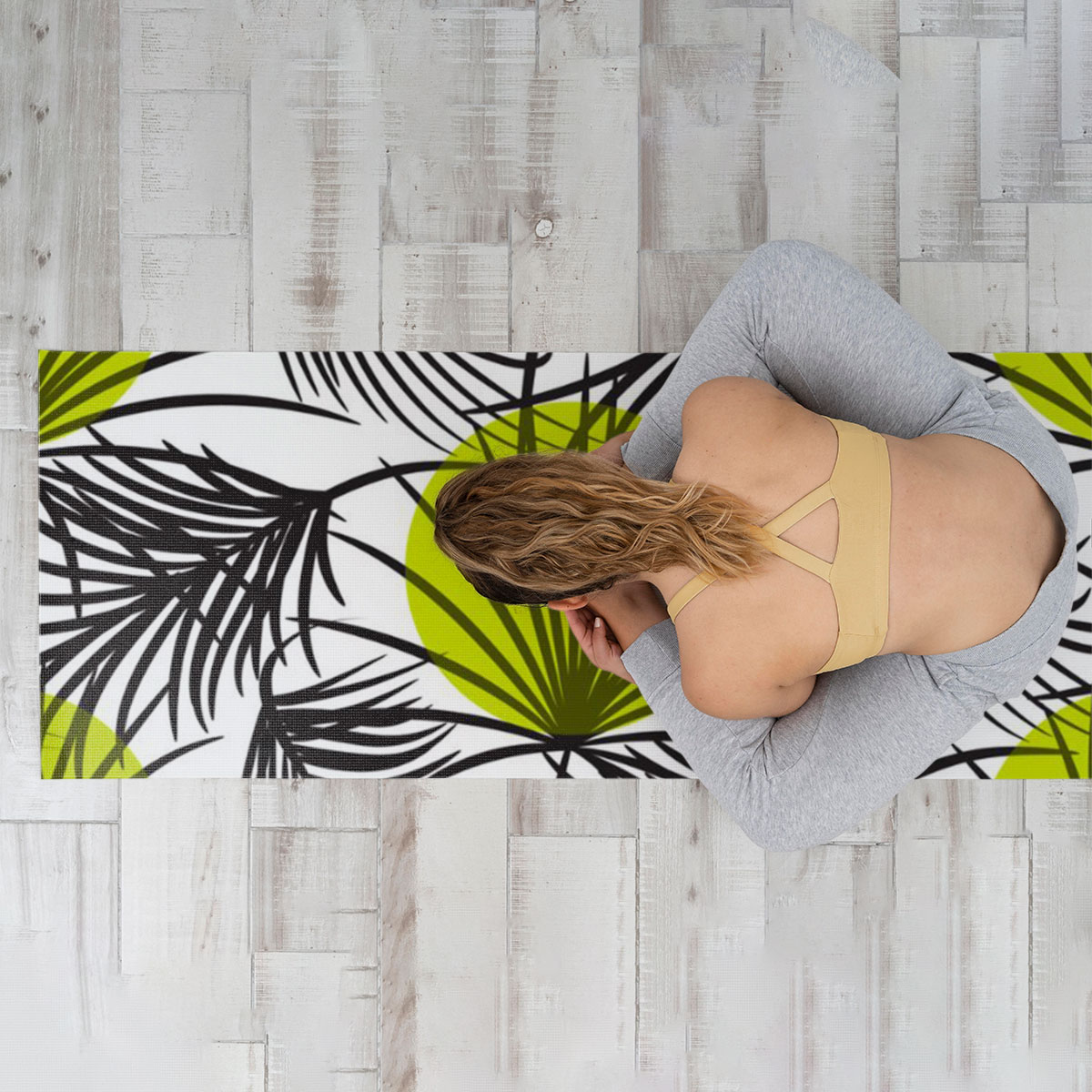 Palm Leaves Bright Green On White Yoga Mat