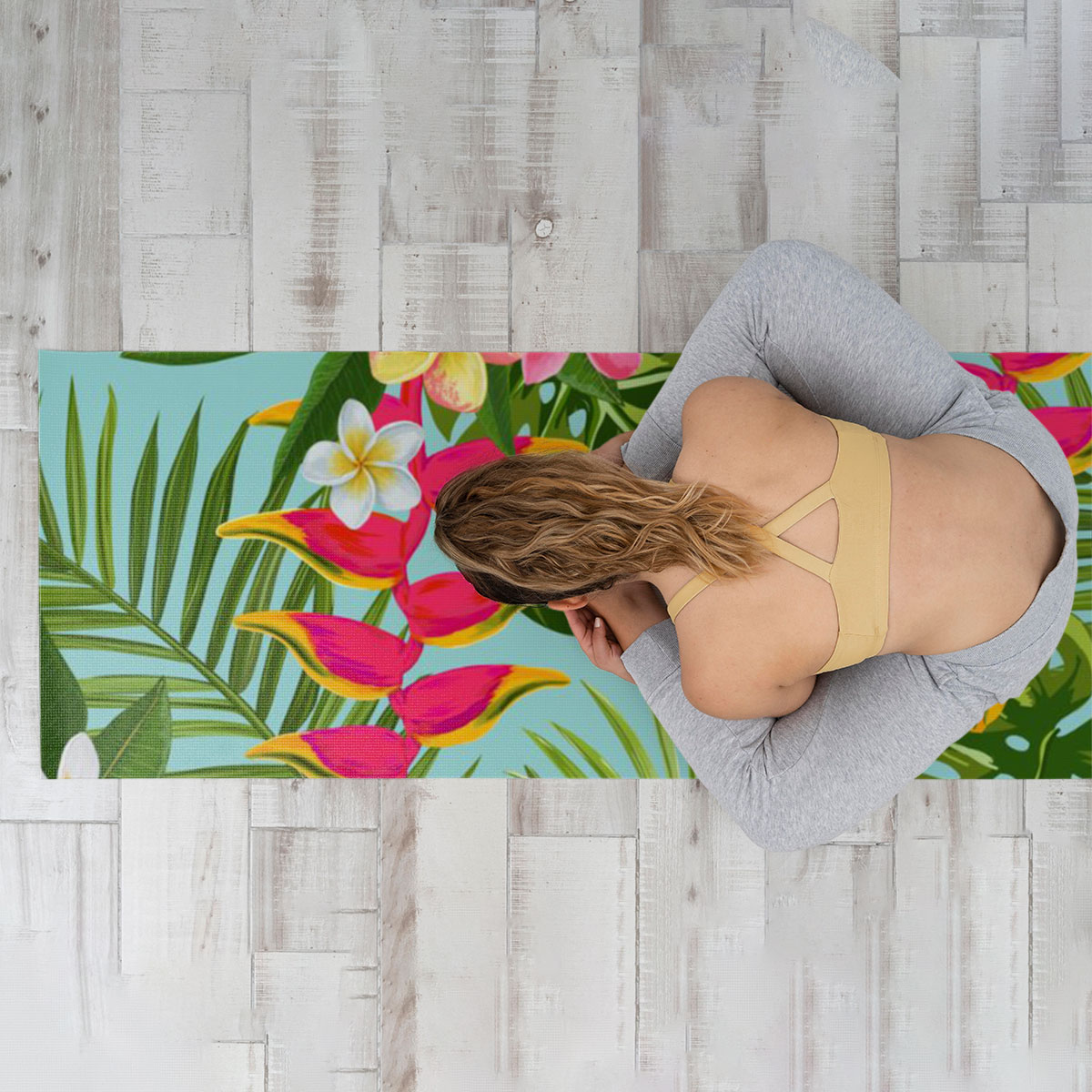 Tropical Flowers and Palm Leaves Yoga Mat