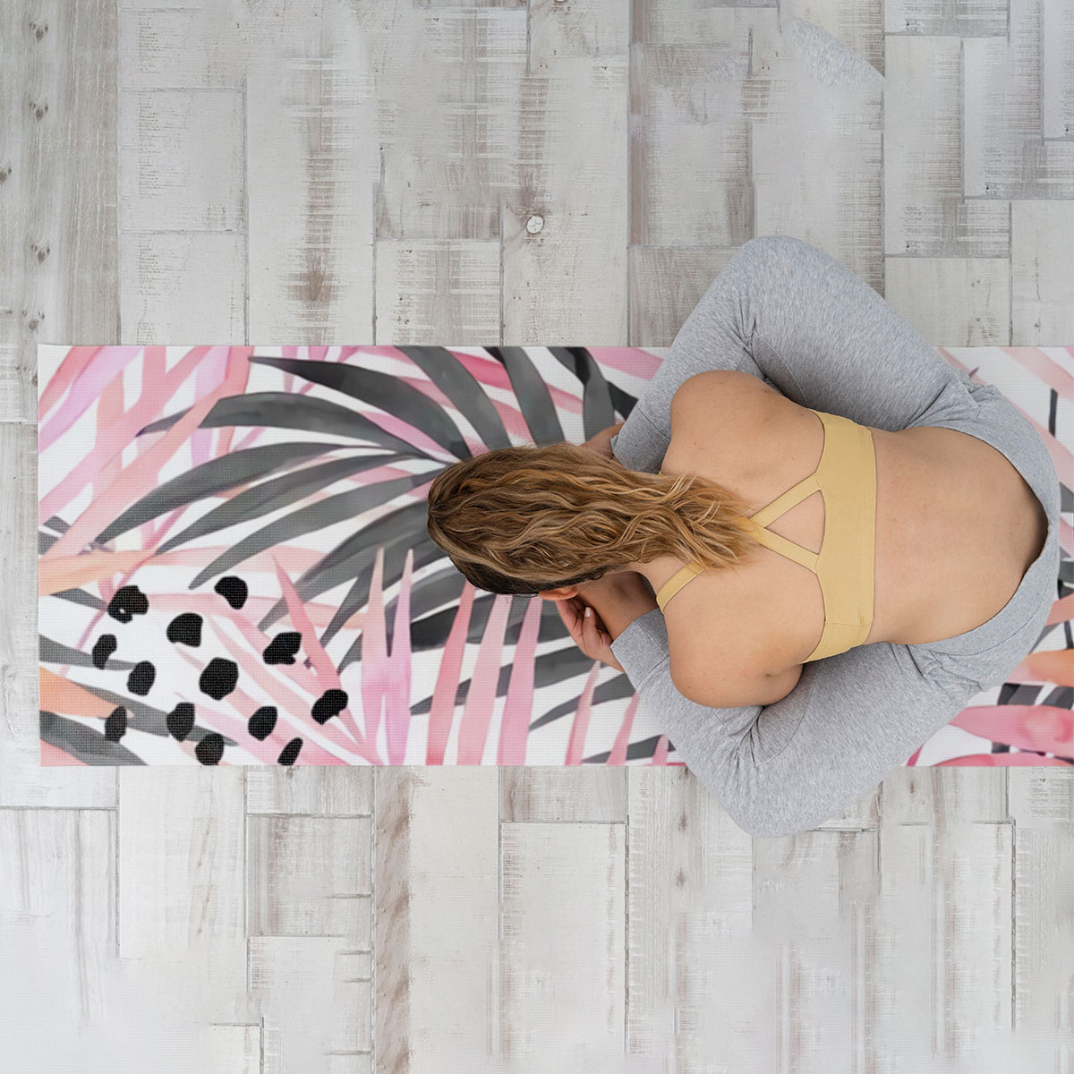 Watercolour Pink Colored and Graphic Palm Leaf Yoga Mat