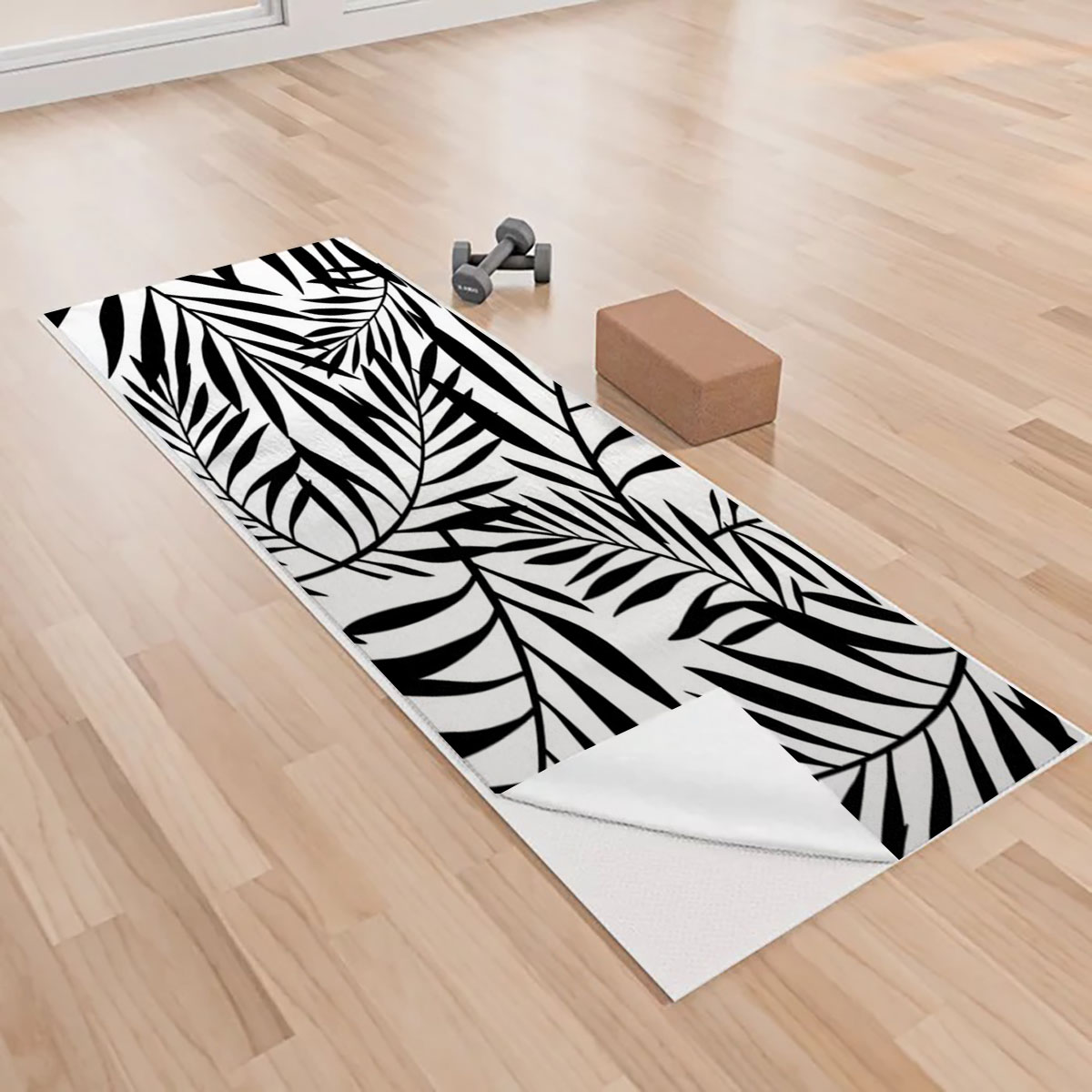 Black And White With Palm Leaves Yoga Towels
