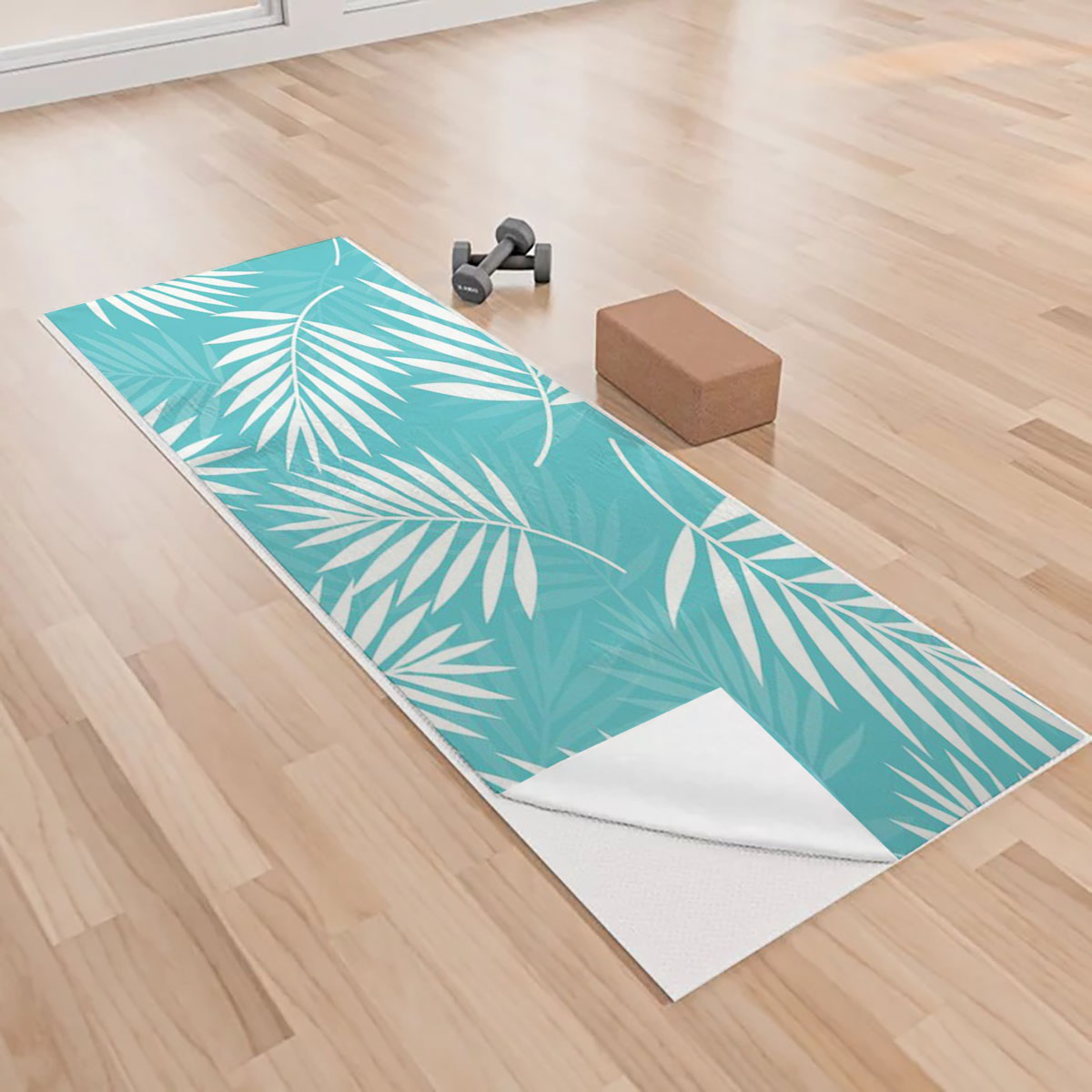 Light Blue Palm Leaves Yoga Towels
