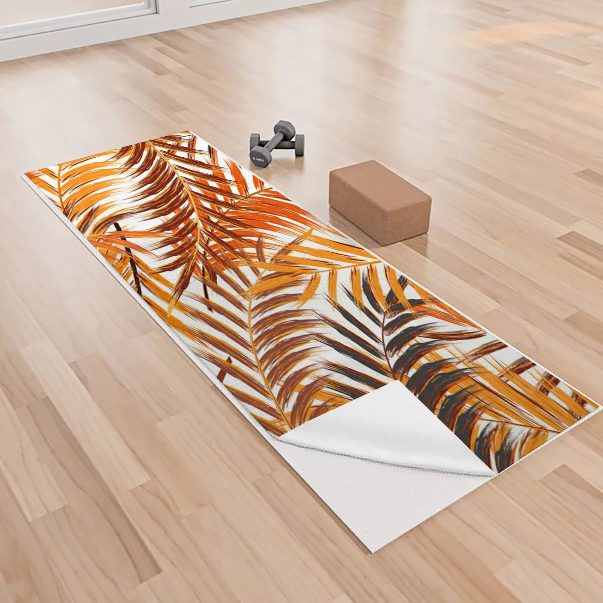 Palm Leaf In Orange Brown On White Yoga Towels