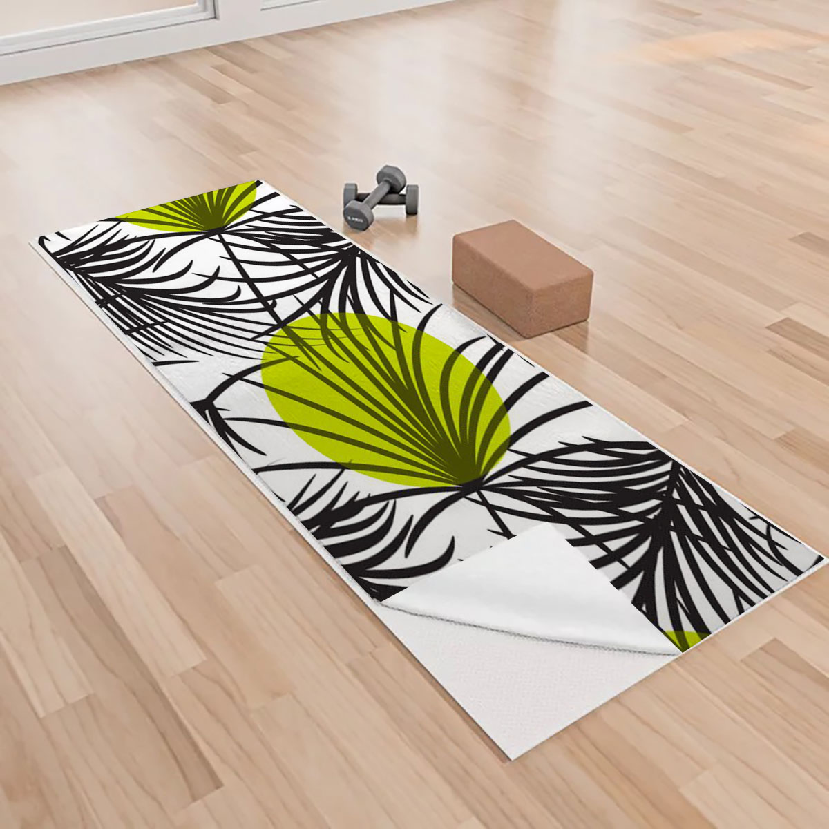 Palm Leaves Bright Green On White Yoga Towels