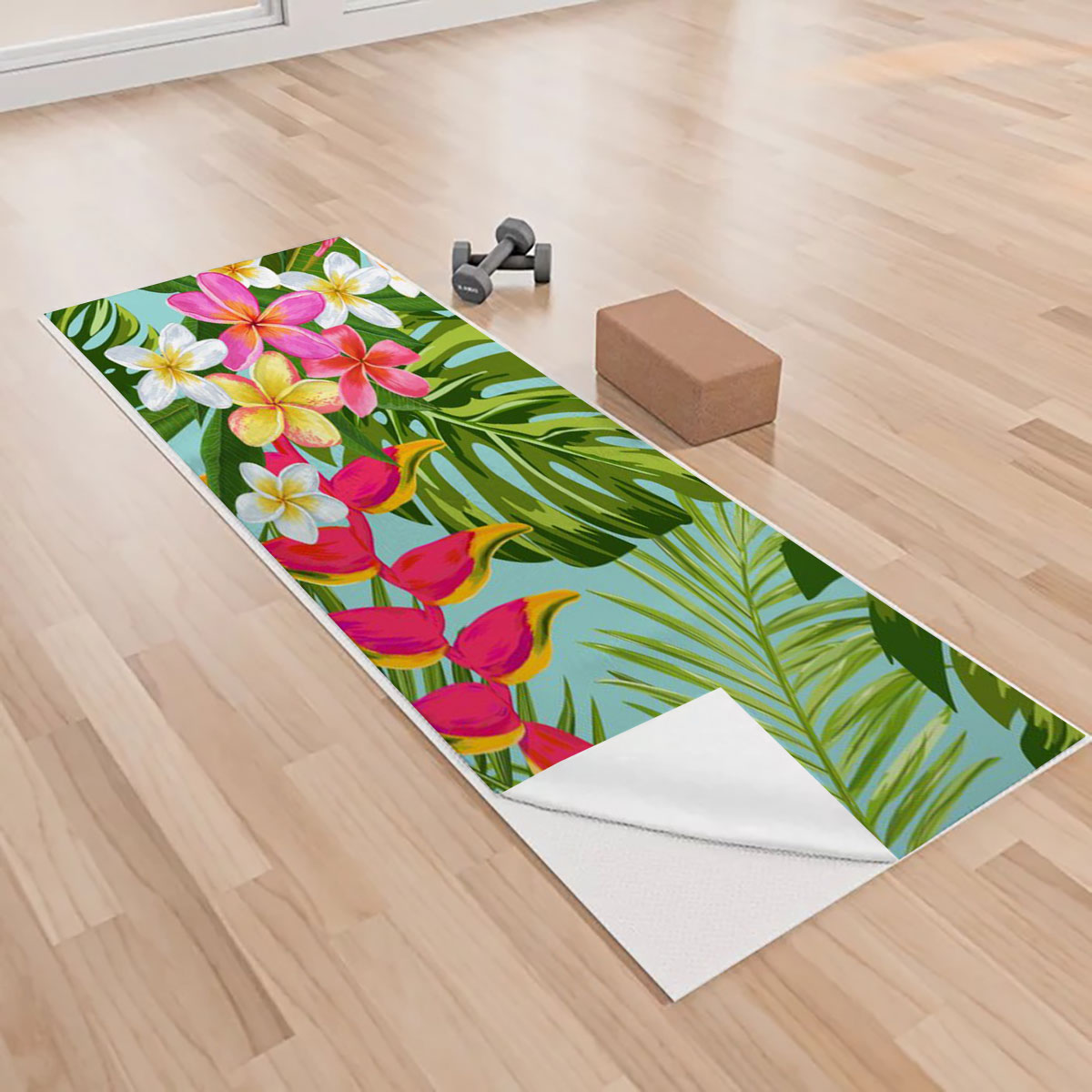Tropical Flowers and Palm Leaves Yoga Towels