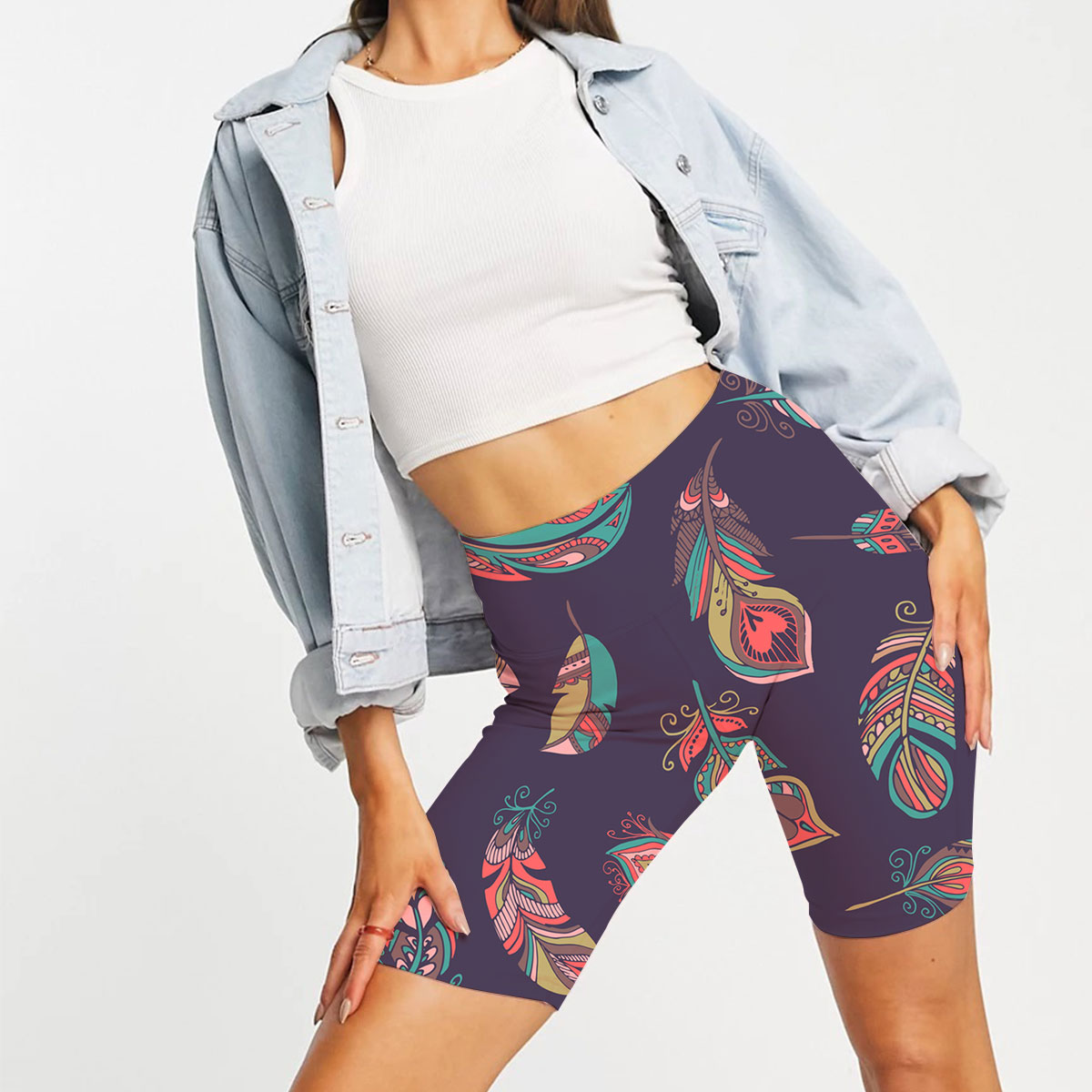 Bohemian Style Feathers On Dark Blue Casual Shorts
