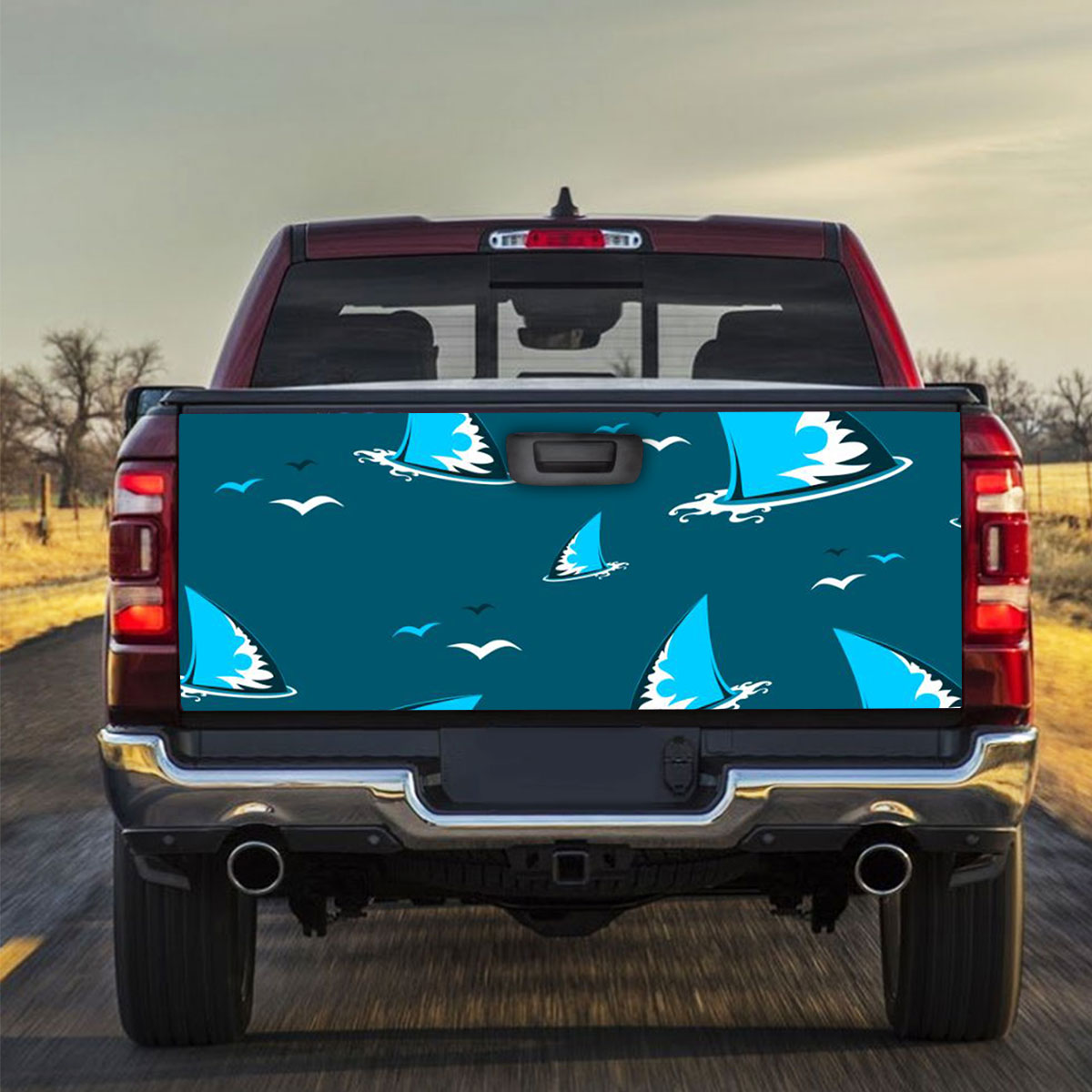 Blue Great White Shark Fin Truck Bed Decal