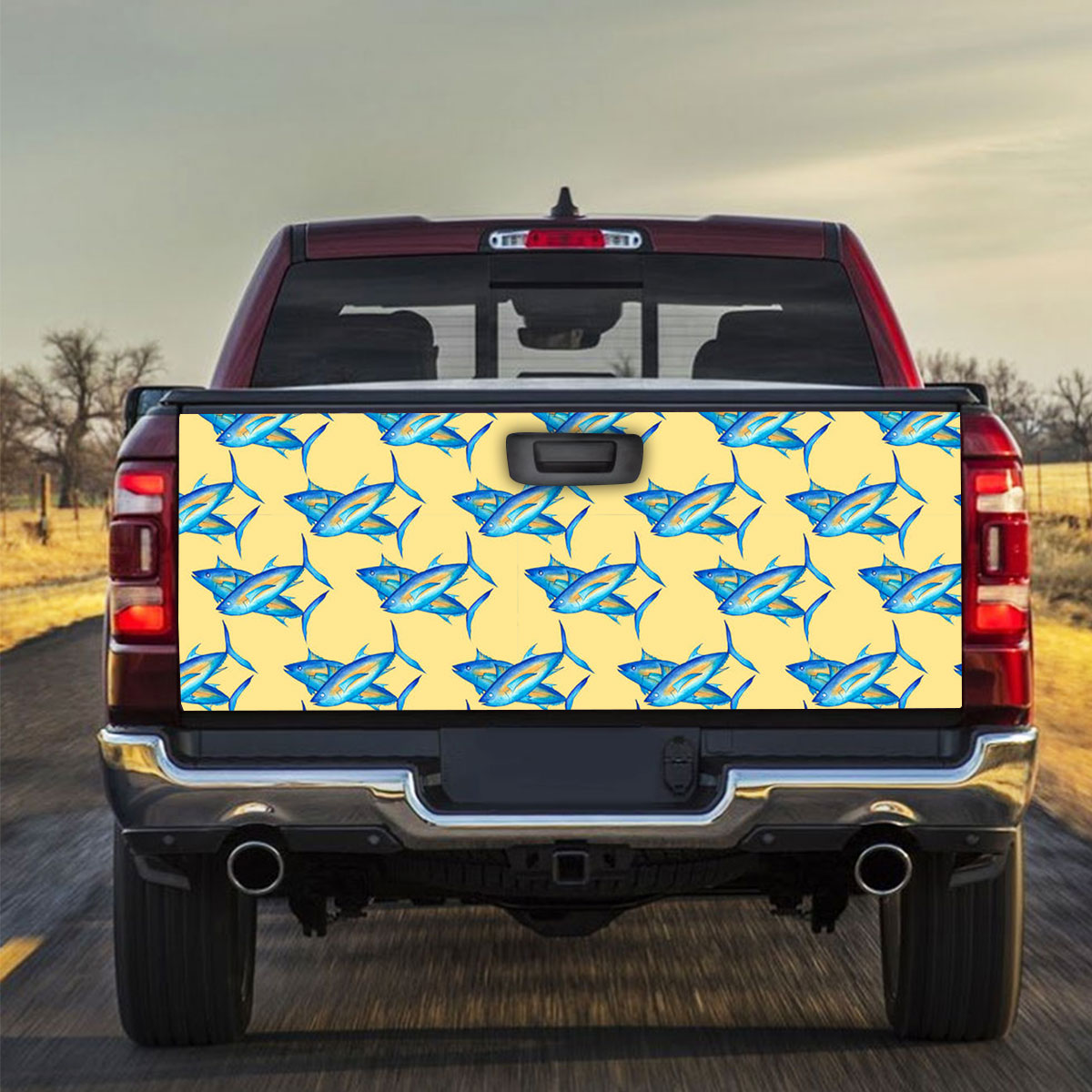 Blue Tuna Fish On Yellow Monogram Truck Bed Decal