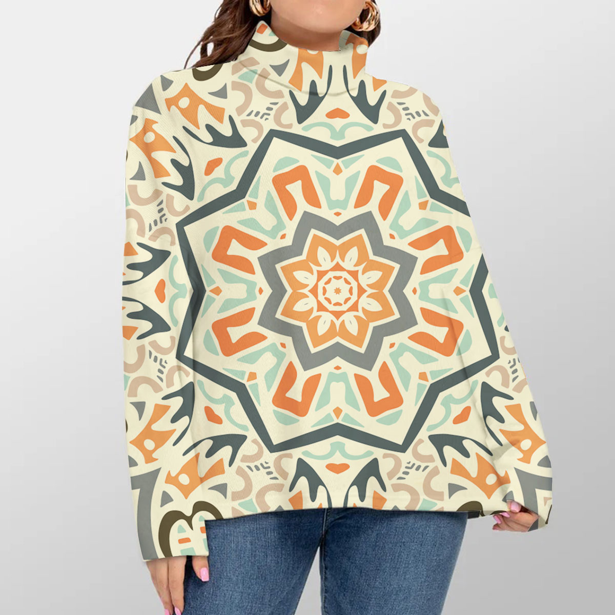 Abstract Geometric Tiles Bohemian Turtleneck Sweater