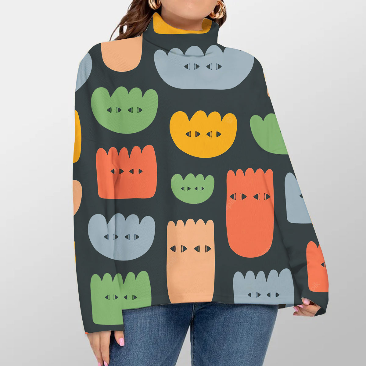 Abstract Minimal With Colorful Various Strange Flowers Turtleneck Sweater