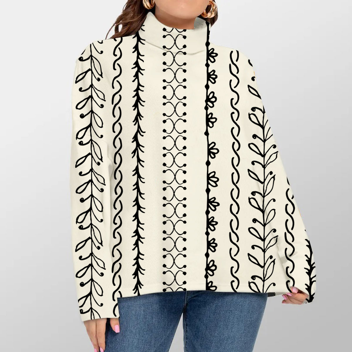 Black And White Bohemian Turtleneck Sweater