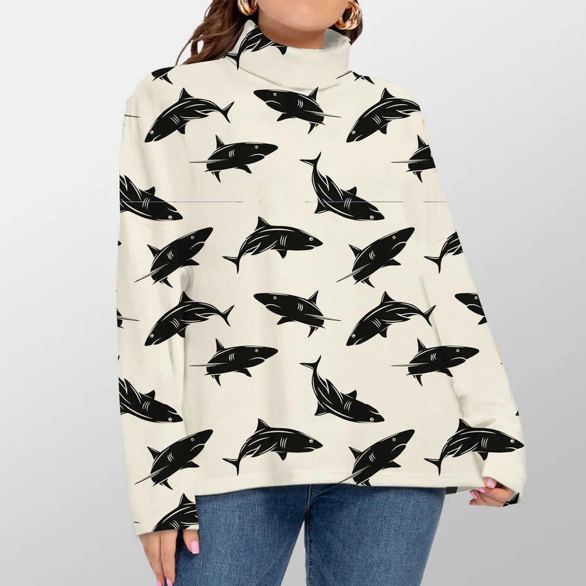 Black Great White Shark Turtleneck Sweater
