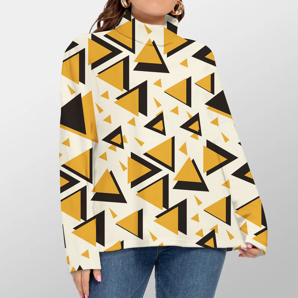 Black Orange Minimalist With Geometric Shapes Turtleneck Sweater