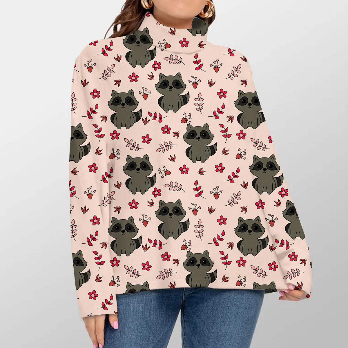 Black Raccoon Pink Turtleneck Sweater