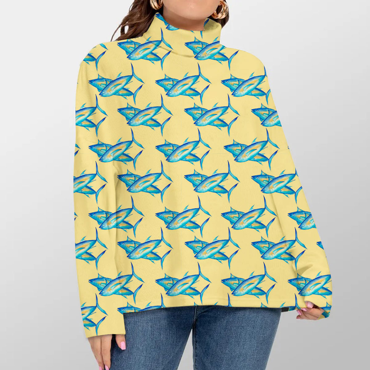 Blue Tuna Fish On Yellow Monogram Turtleneck Sweater